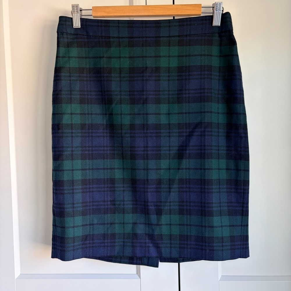 J. Crew Navy and Green Plaid Pencil Skirt | 6